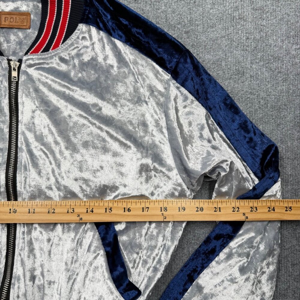 POL Crushed Velvet Colorblock Bomber Jacket Y2K Sporty Luxe Women S Blue Silver - Picture 9 of 11